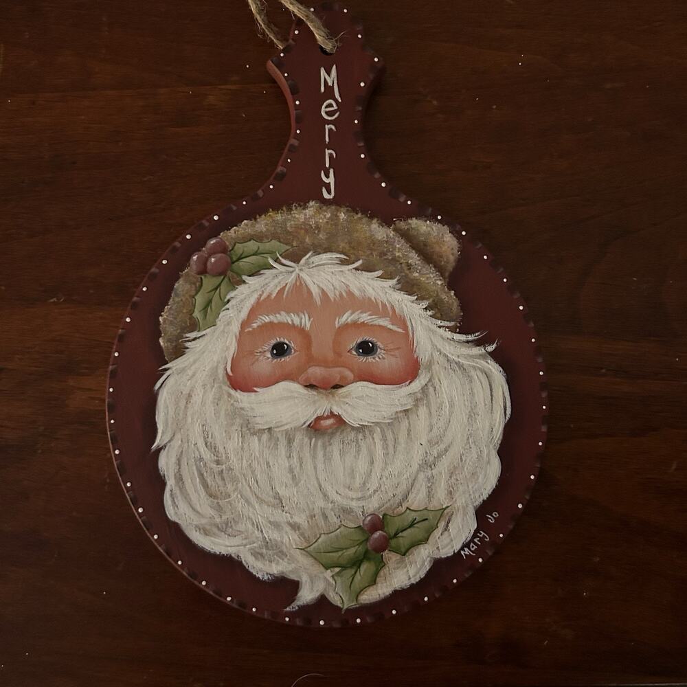 Hand painted Santa Wood Wall Decor Folk Art Signed Mary Jo 8.5” X 6”
